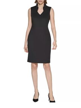 Calvin Klein Sleeveless Black Ruffle V-Neck Sheath Cocktail Dress New with Tags